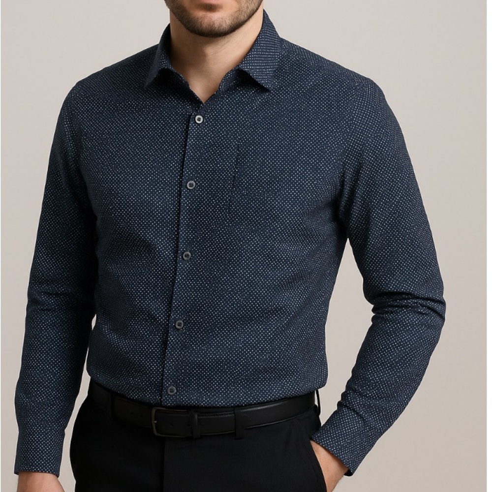 Brice BKE Buckle Men’s Easy Slim Fit Navy Blue Micro Dot Dress Shirt Size Small